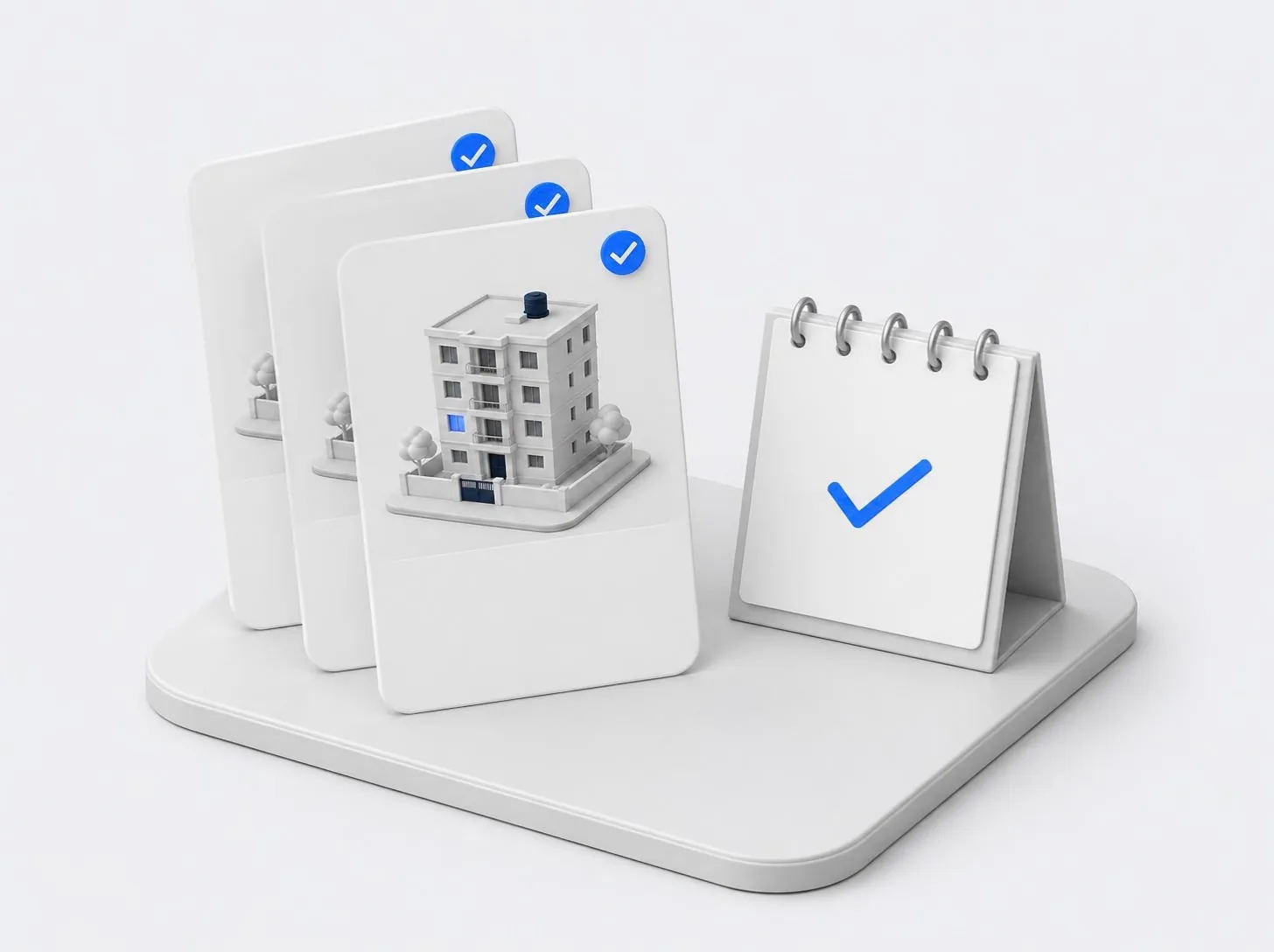 Stacked home cards, each with a blue check badge, beside a calendar