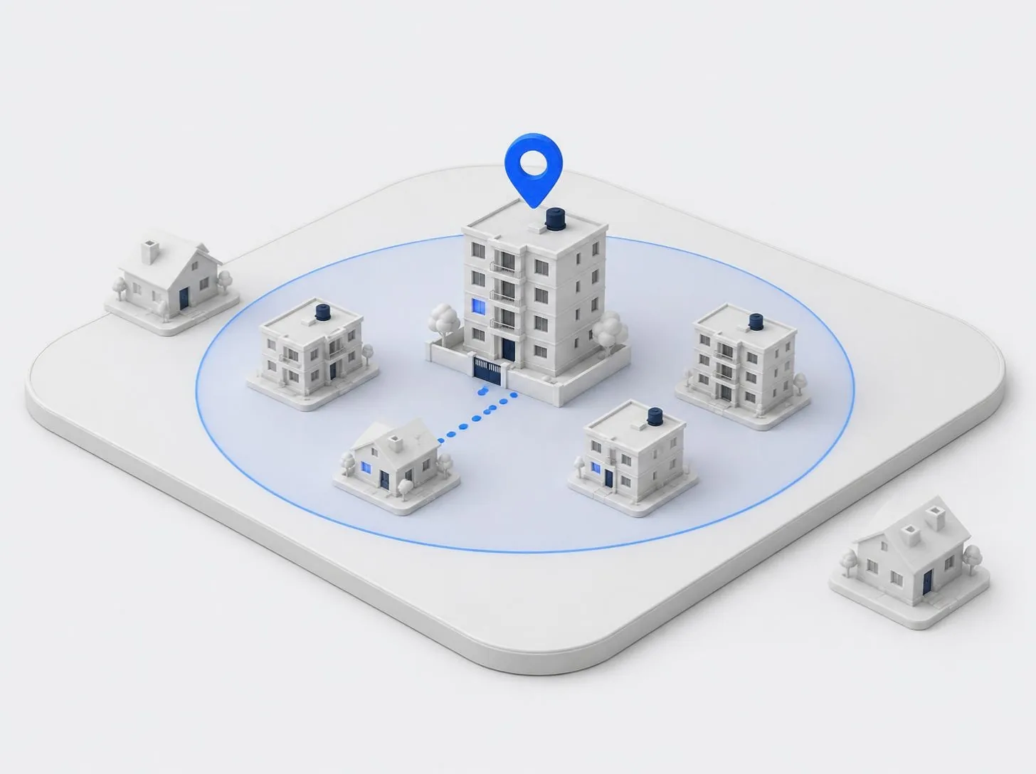 An office with a blue pin, and a circle marking the homes within reach of it