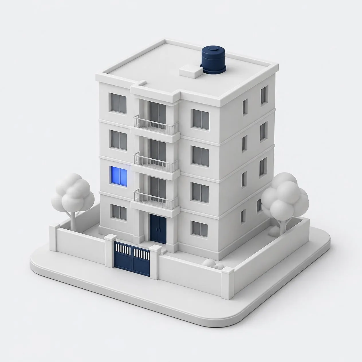 A white clay model of a Nairobi apartment block with one window lit blue