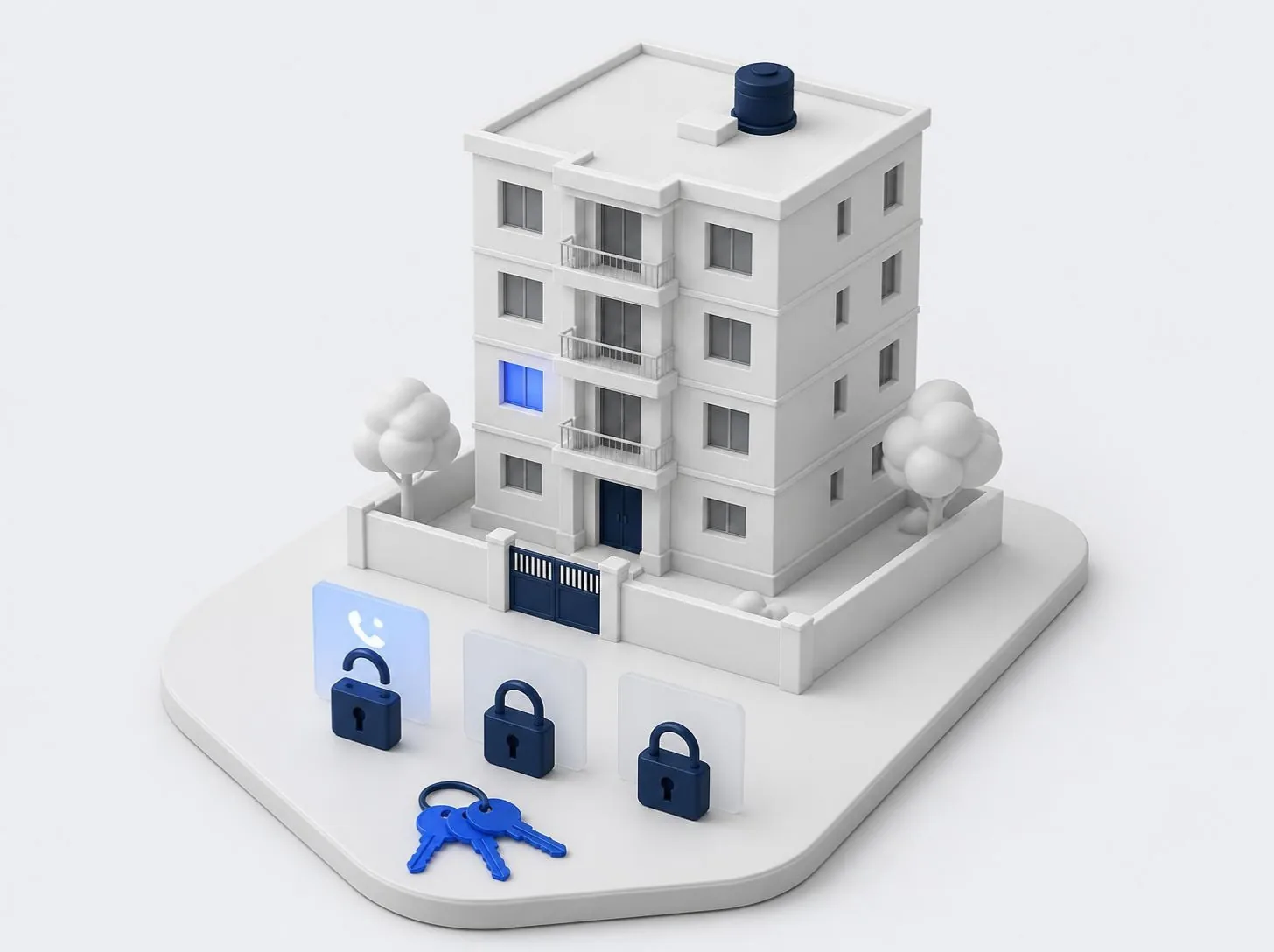 An apartment block with three padlocks in front of it, the first one open, and a ring of three keys